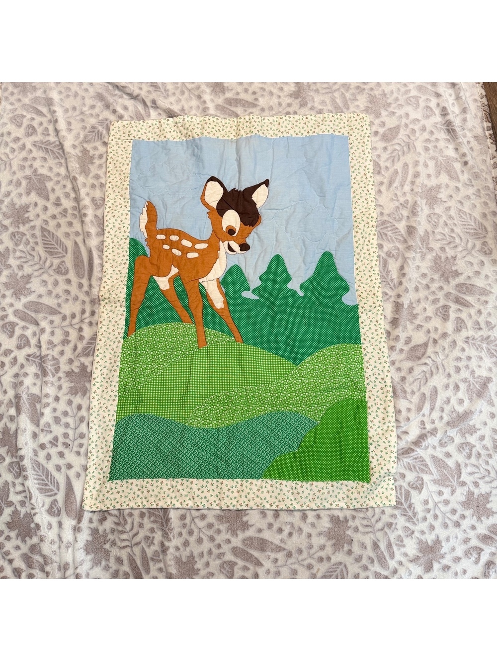 Handmade Bambi Baby Quilt‎ Unisex Small Blue Green Vintage Nursery Cottagecore